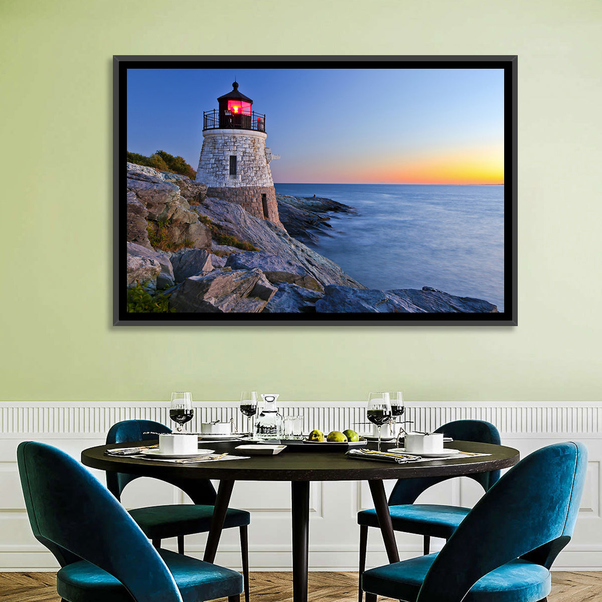 Castle Hill Lighthouse at Dusk Wall Art in a room, landscape