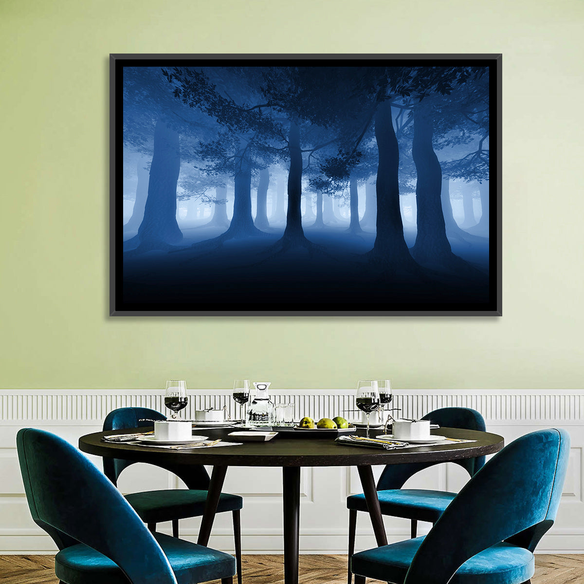 Midnight Blue Forest Wall Art in a room, landscape
