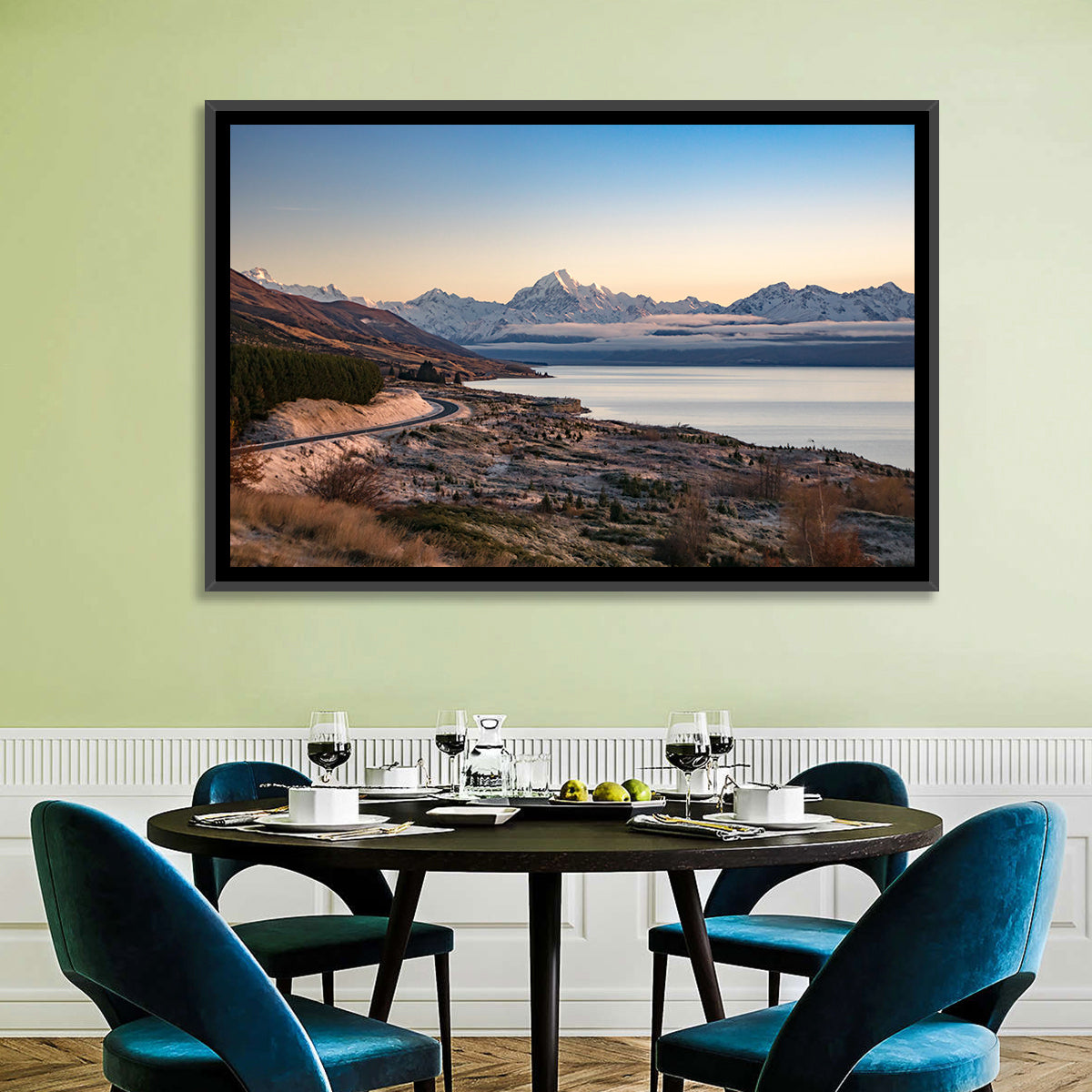 Mount Cook Over Lake Pukaki Wall Art in a room, landscape