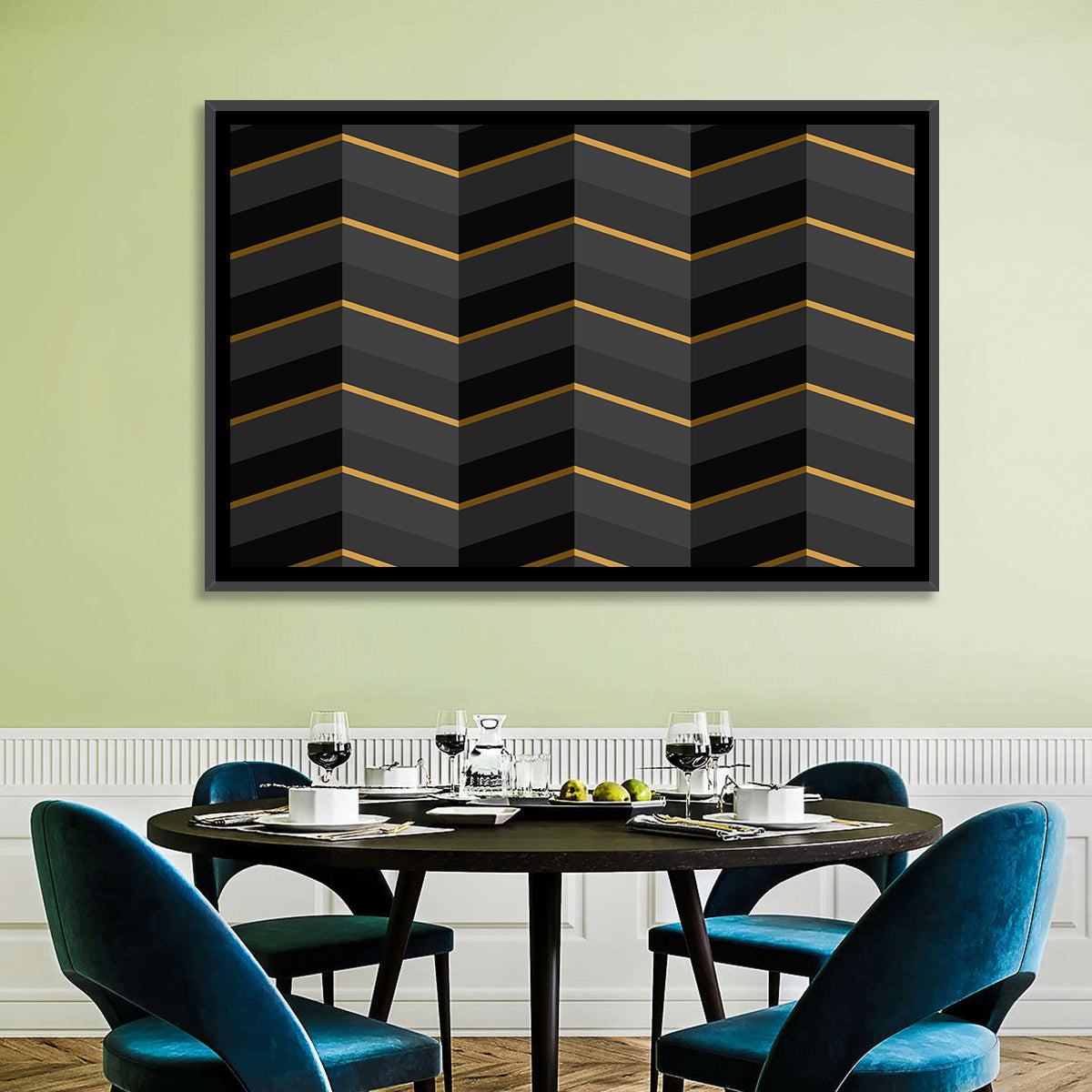 Black Stripes with Gold Accents Wall Art in a room, landscape