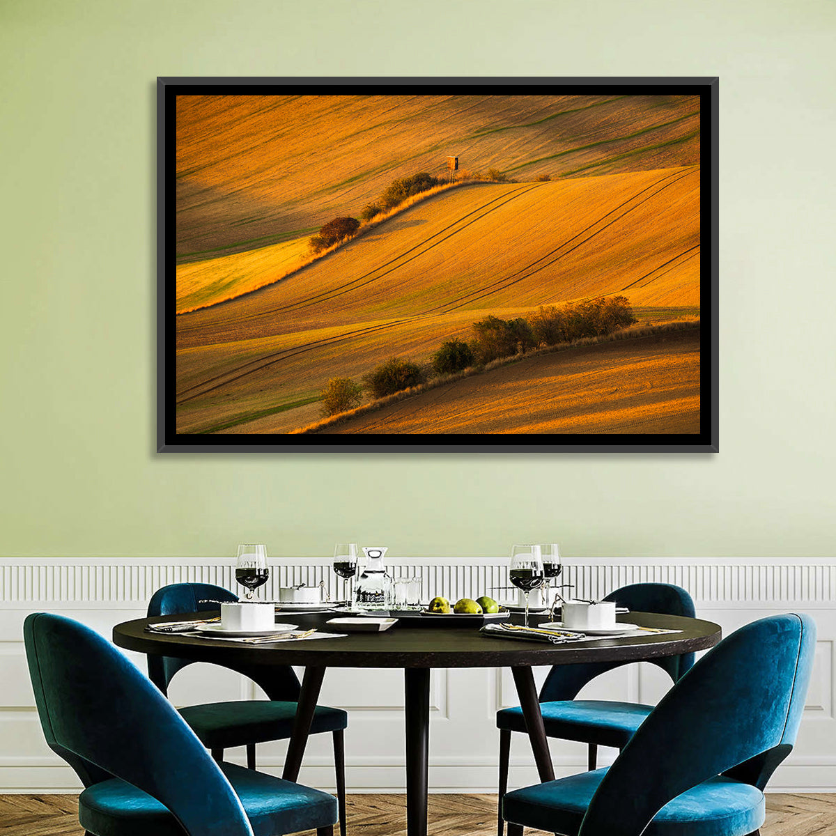 Golden Moravian Farm Tracks Wall Art in a room, landscape