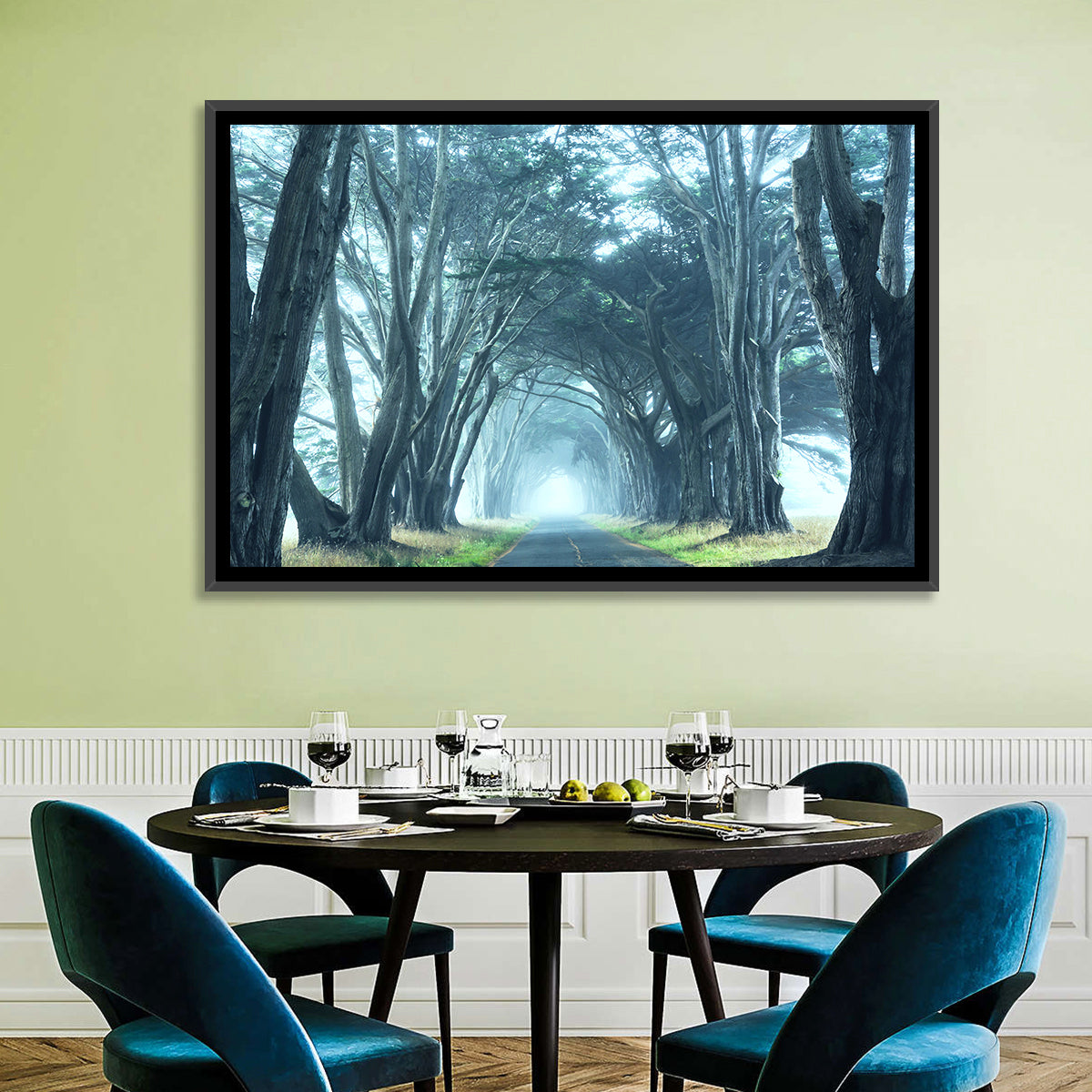 Foggy Cypress Tree Tunnel Wall Art in a room, landscape