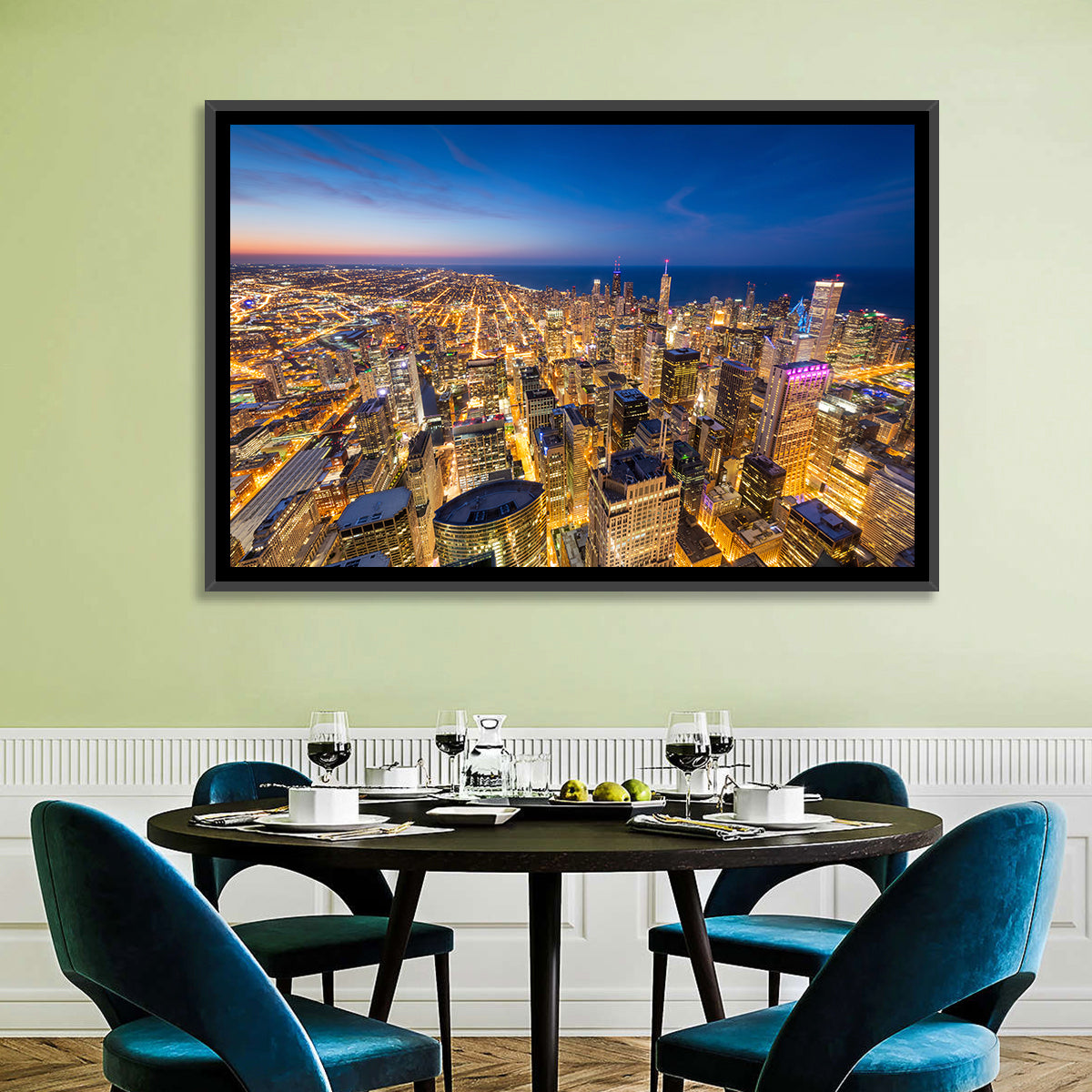Aerial Chicago Nightscape Wall Art in a room, landscape