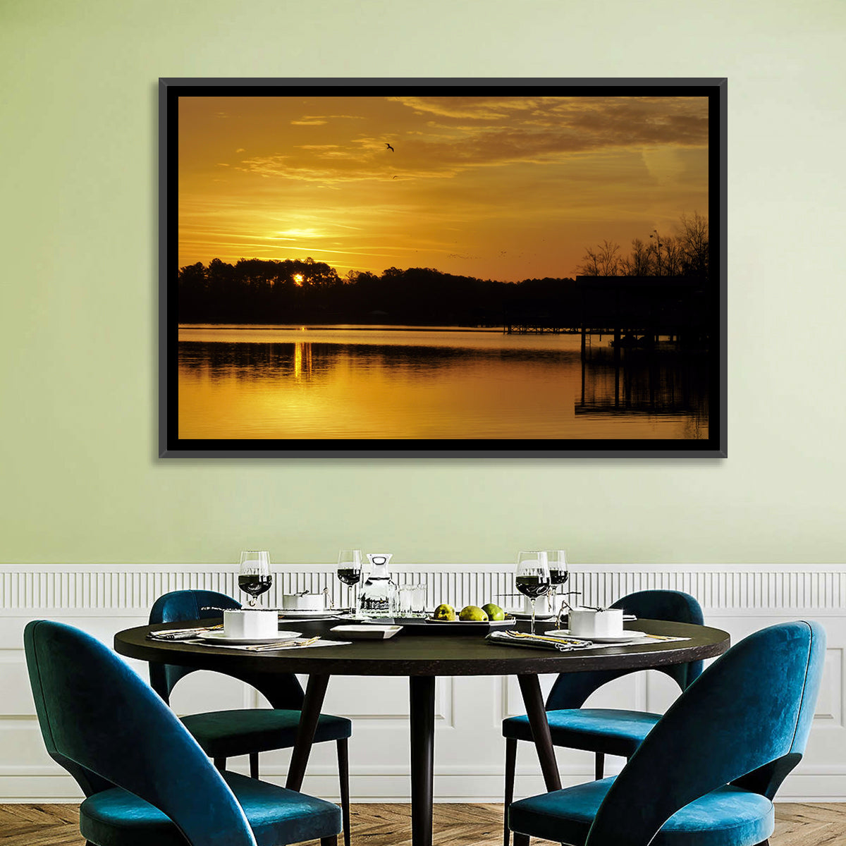 Lake Weiss Sunset Reflection Wall Art in a room, landscape