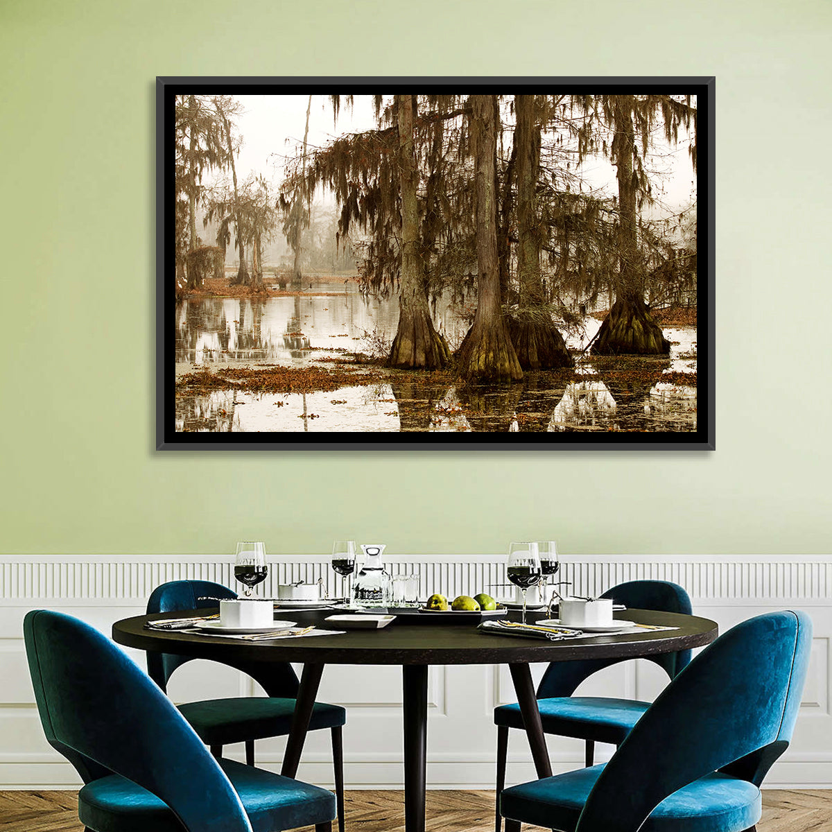 Lake Martin Cypress Morning Wall Art in a room, landscape