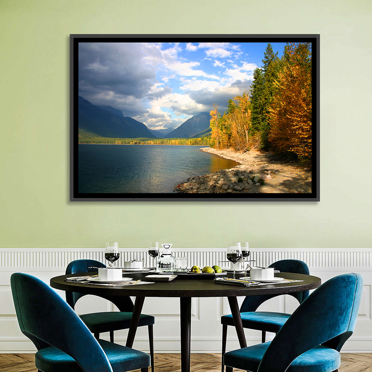 Lake Mcdonald Autumn Shoreline Wall Art in a room, landscape