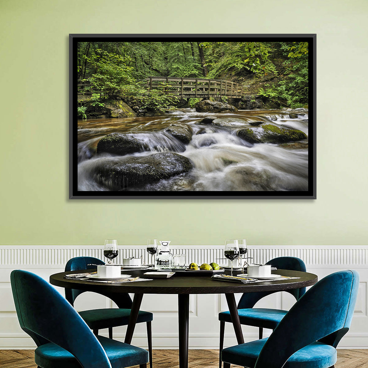 Stock Ghyll Footbridge Forest Stream Wall Art in a room, landscape
