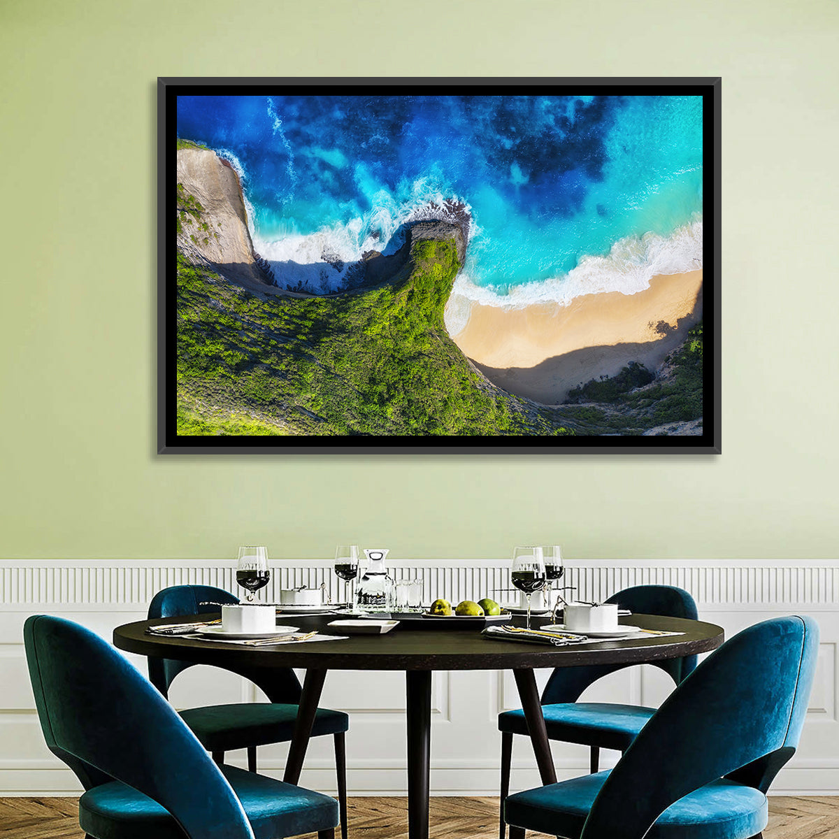 Kelingking Beach Cliffs Wall Art in a room, landscape
