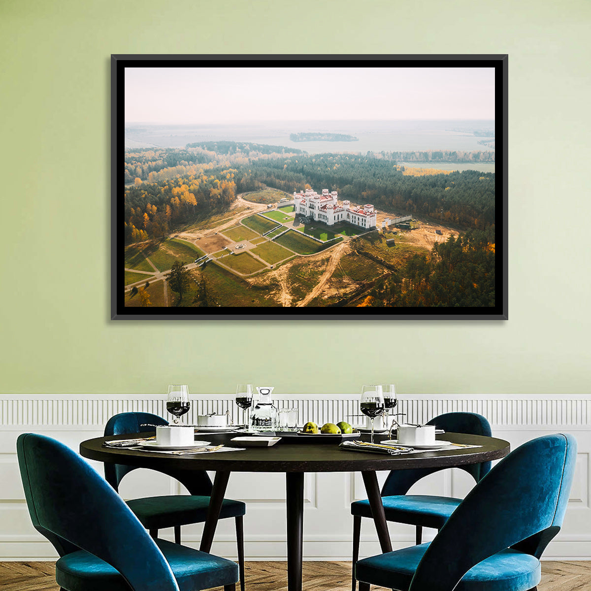 Kosava Castle Aerial View Wall Art in a room, landscape