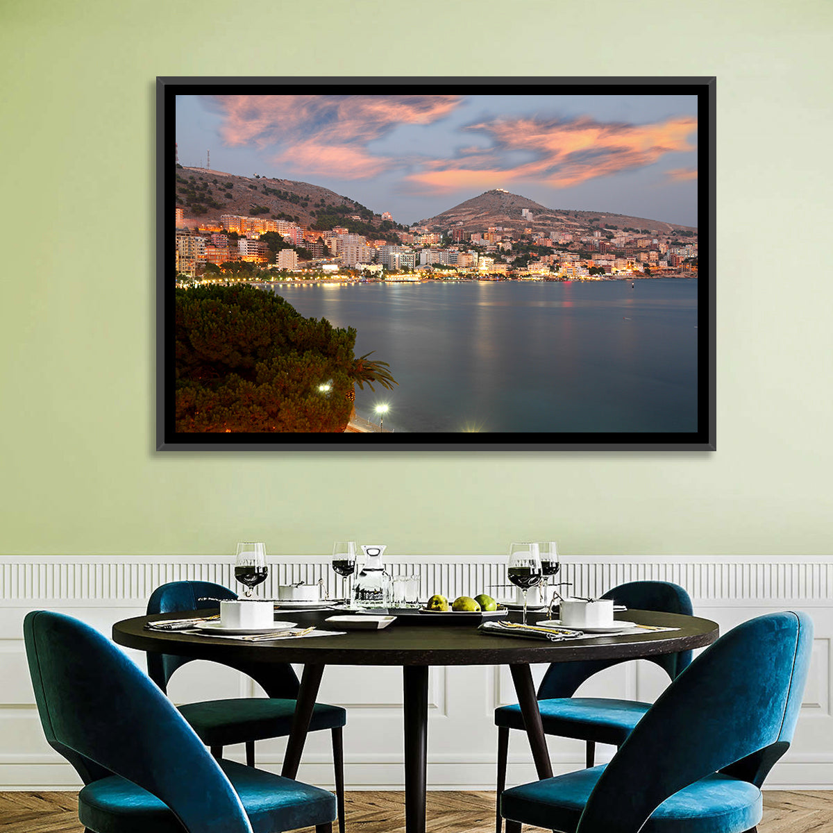 Sarandë Bay at Dusk Wall Art in a room, landscape