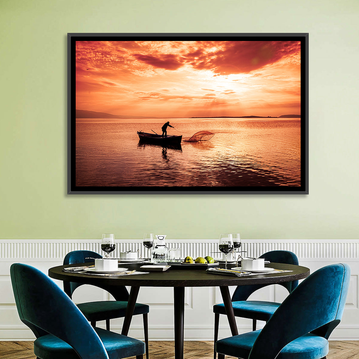 Uluabat Lake Fisherman at Dusk Wall Art in a room, landscape