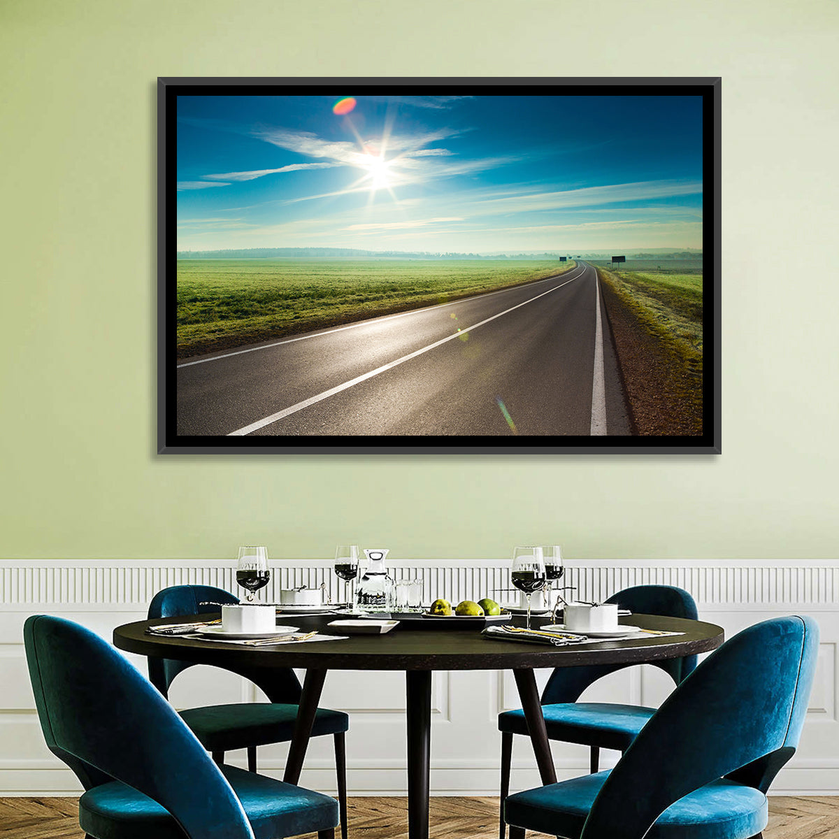 Sunlit Road Through Green Field Wall Art in a room, landscape