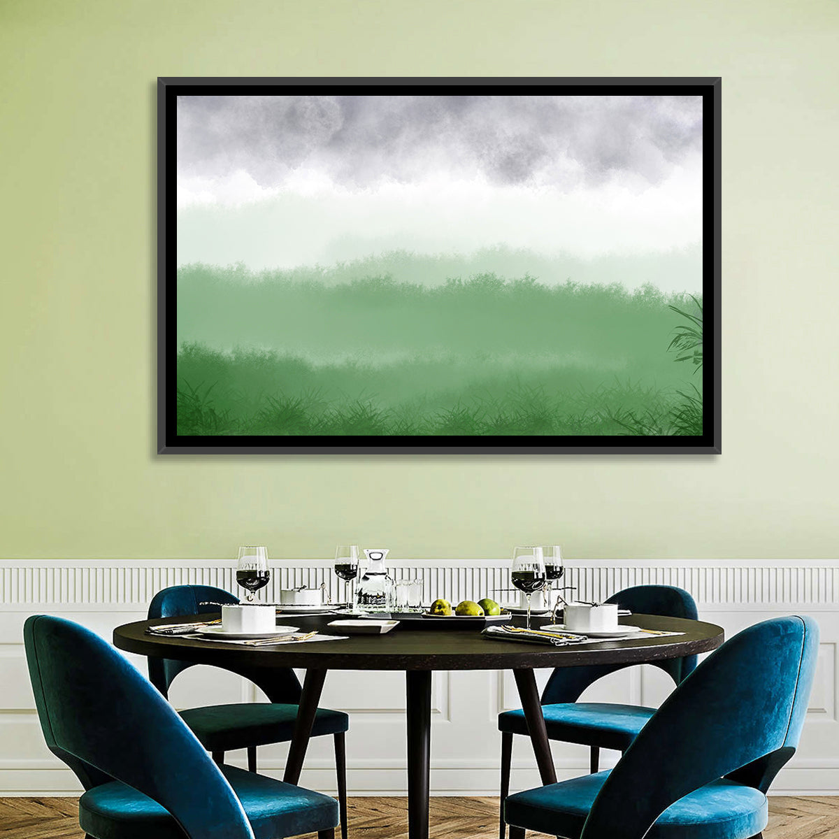 Misty Green Fields Wall Art in a room, landscape