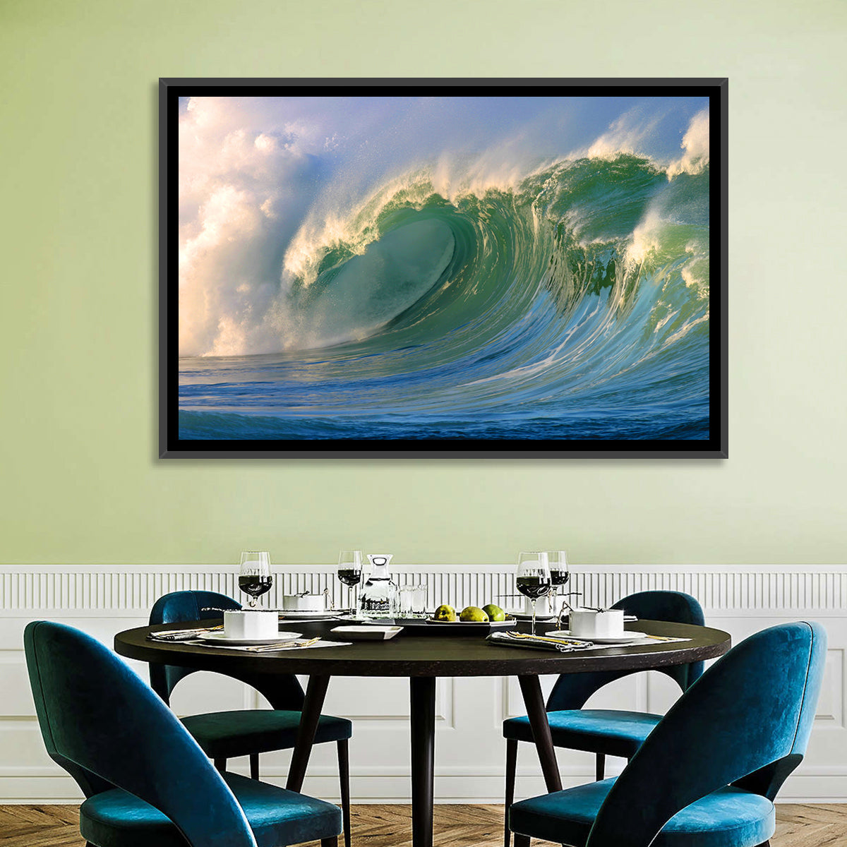 Golden Hour Barrel Wave Wall Art in a room, landscape