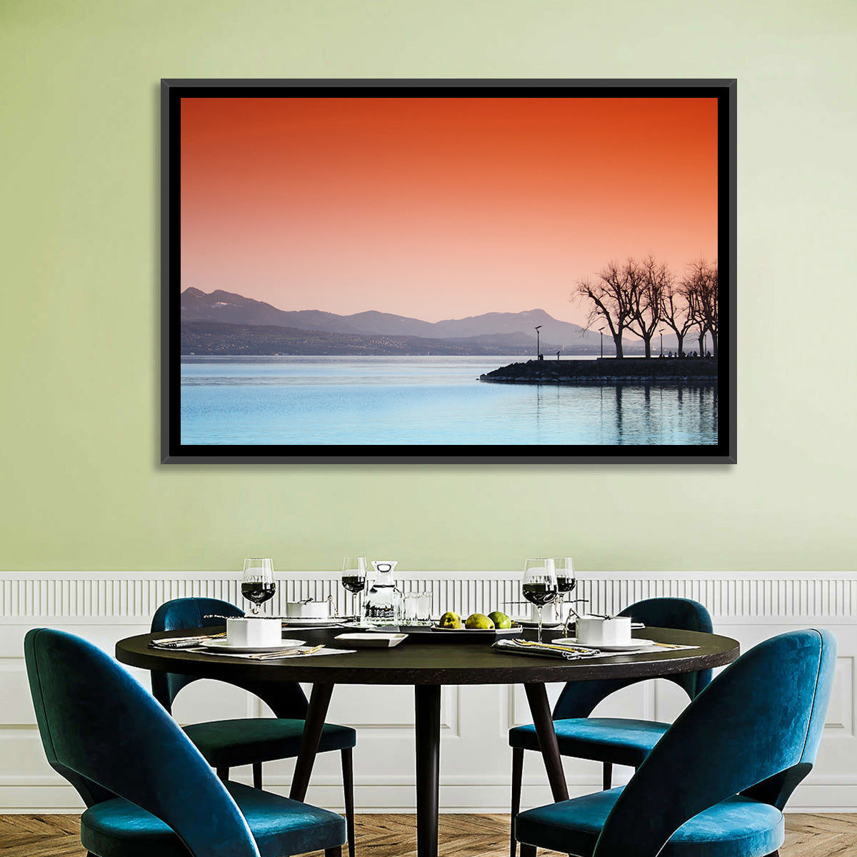 Lake Geneva Sunset Reflection Wall Art in a room, landscape