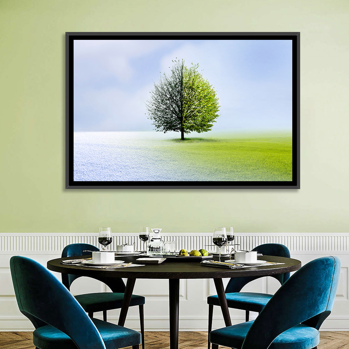 Winter to Spring Tree Wall Art in a room, landscape