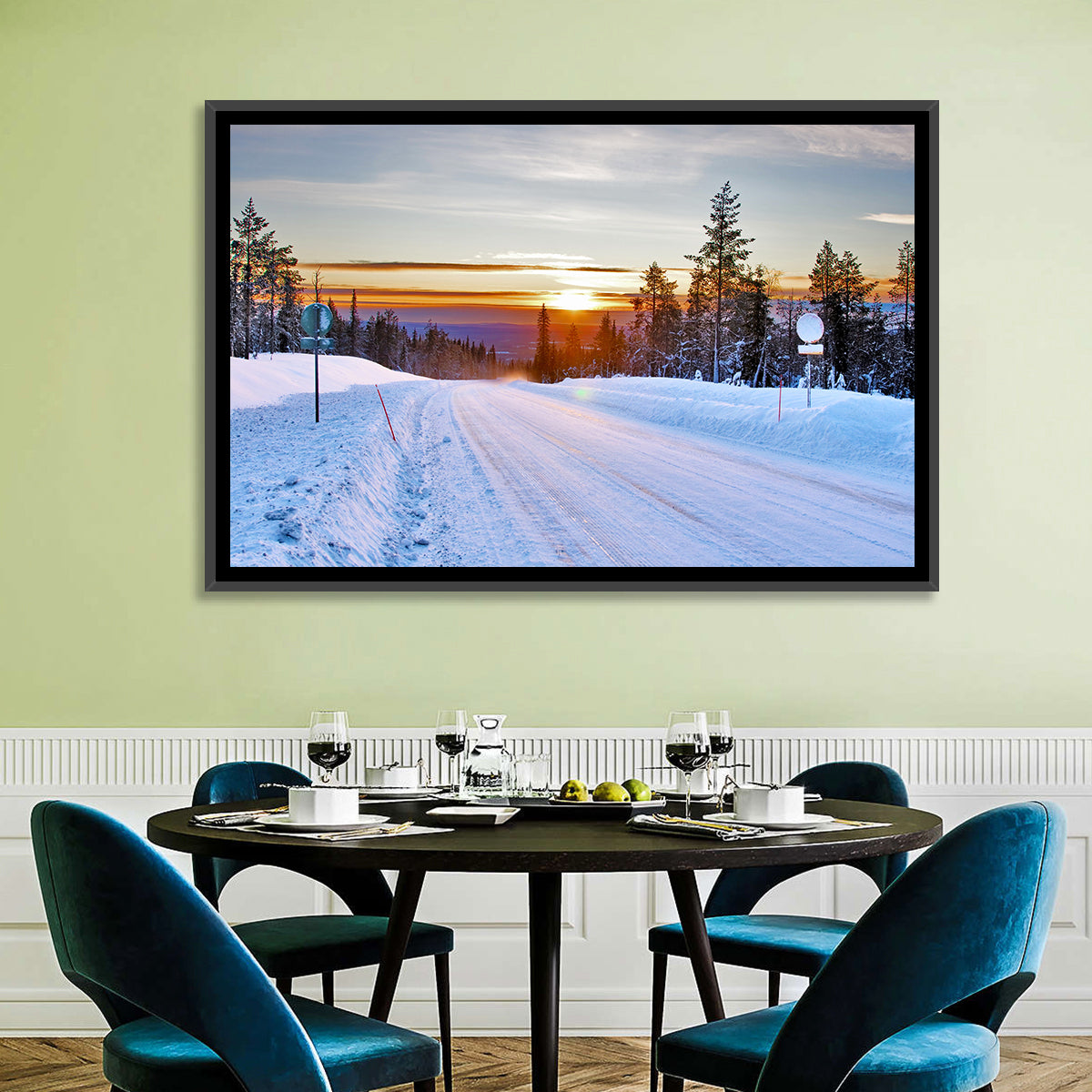 Snowy Road at Sunset Wall Art in a room, landscape