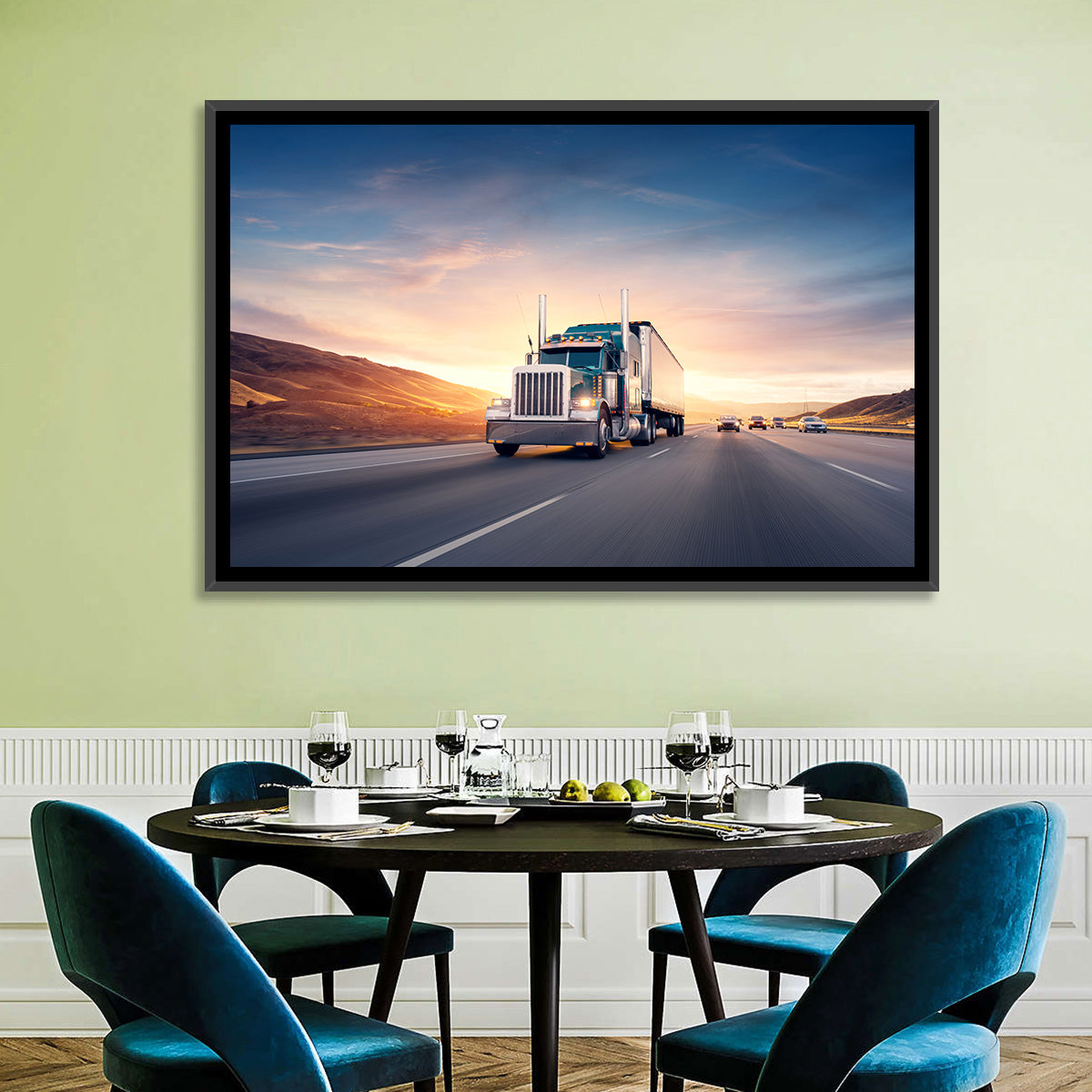 Semi Truck Highway Sunset Wall Art in a room, landscape