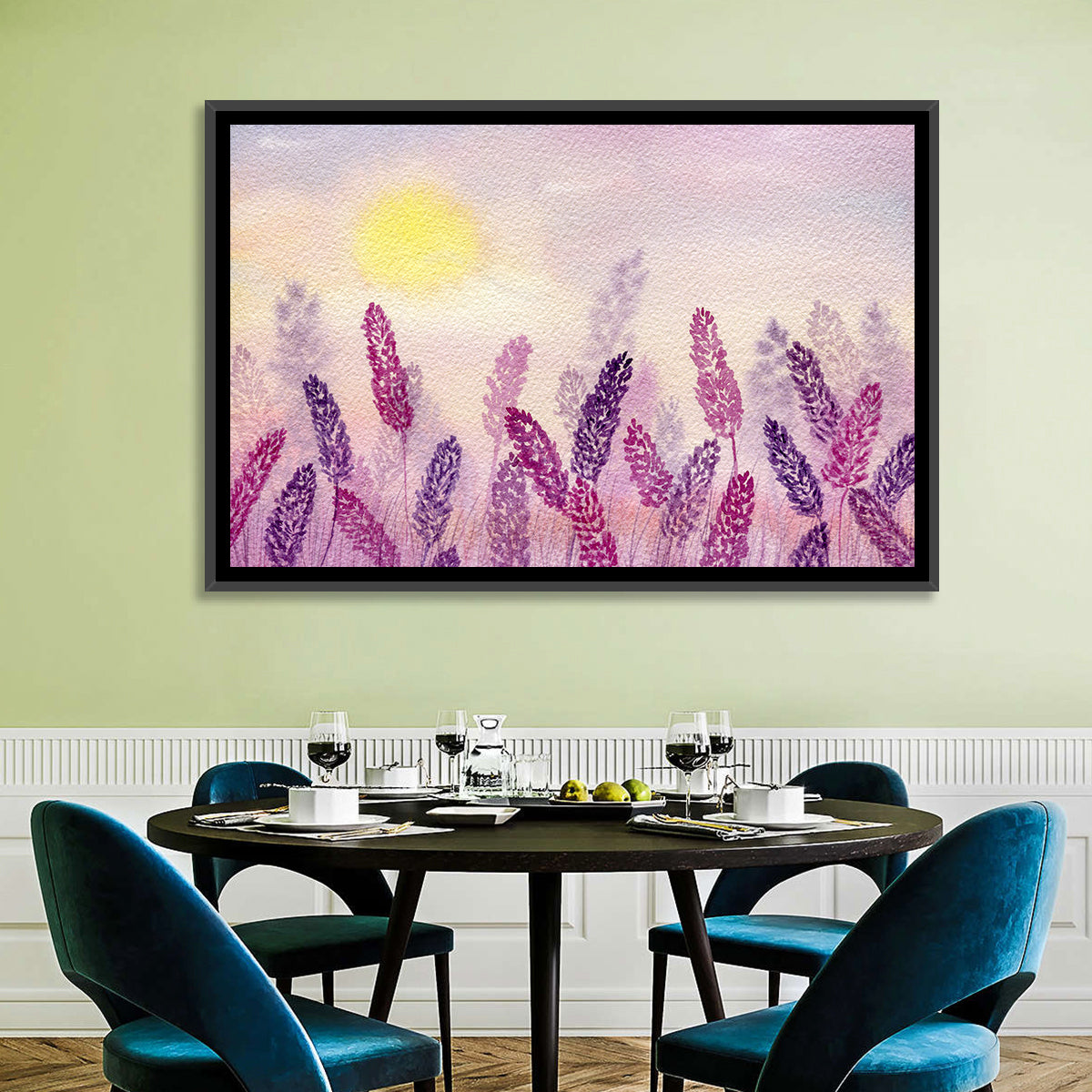 Sunlit Lavender Field Wall Art in a room, landscape