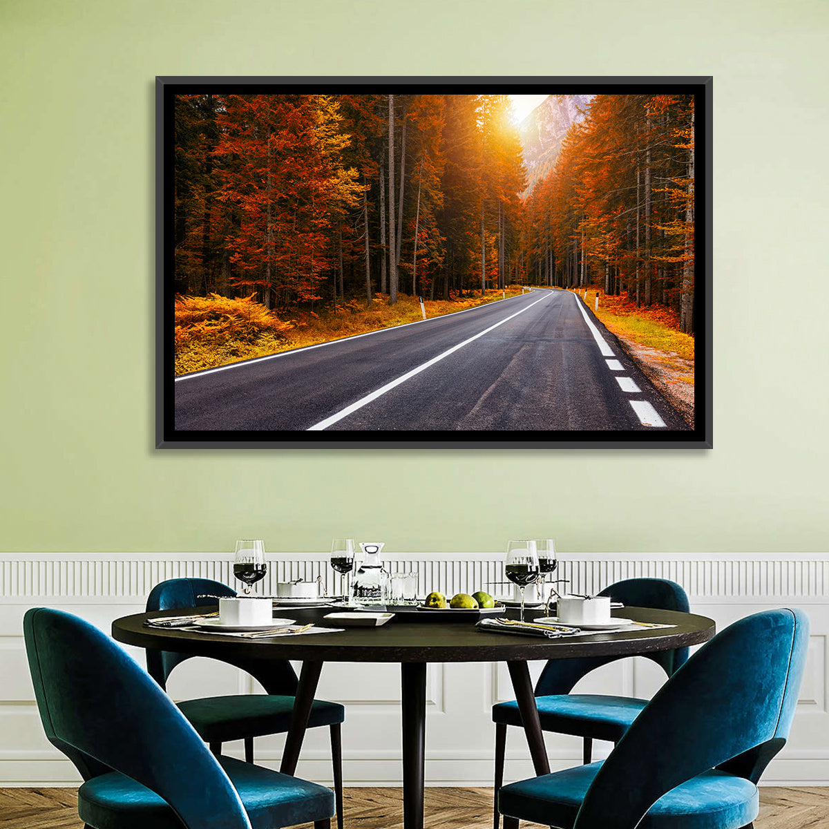 Golden Hour Forest Road Wall Art in a room, landscape