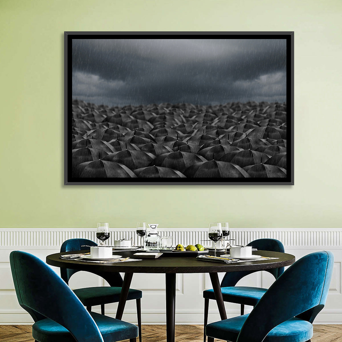Clustered Umbrellas in Rain Wall Art
