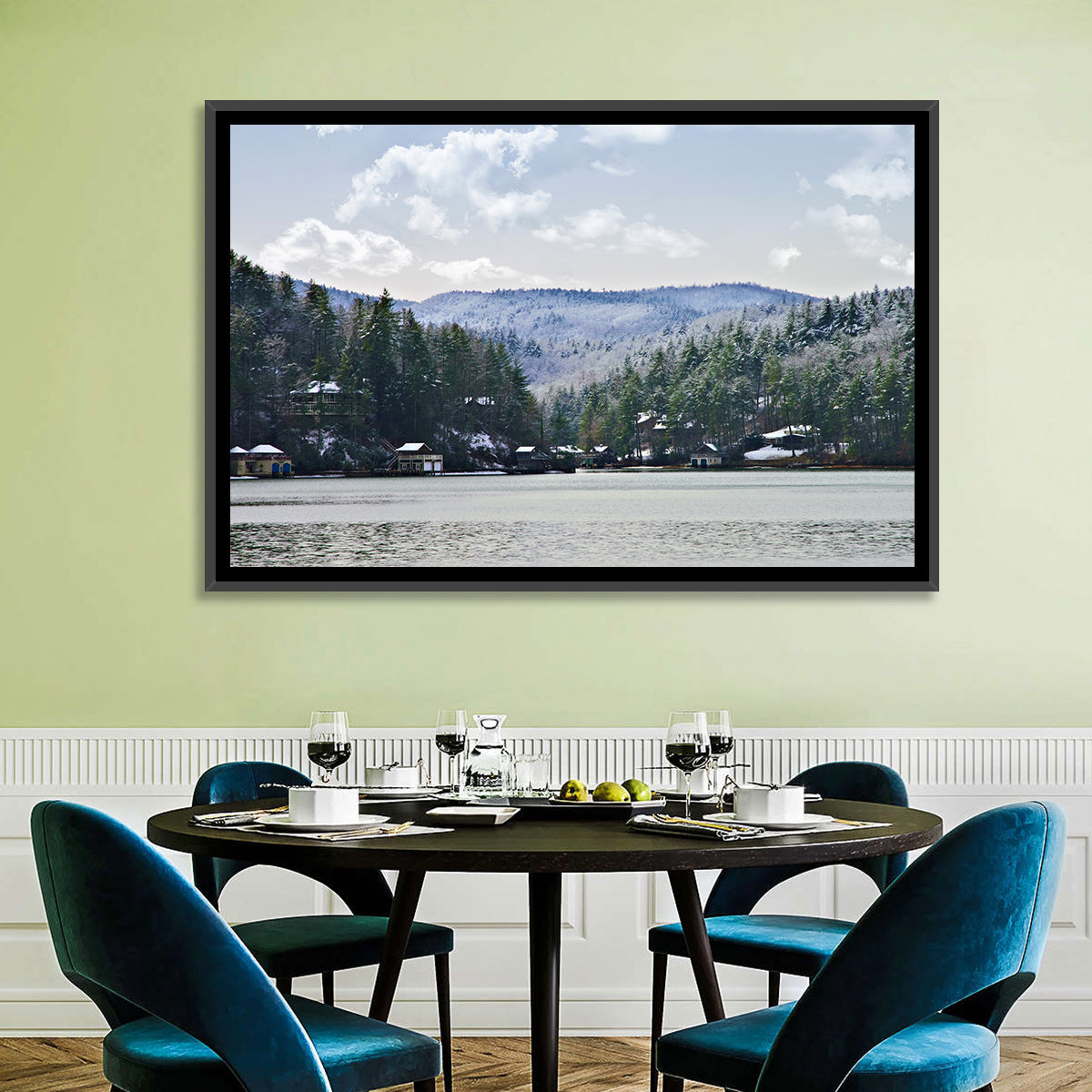 Lake Rabun Winter Scene Wall Art in a room, landscape