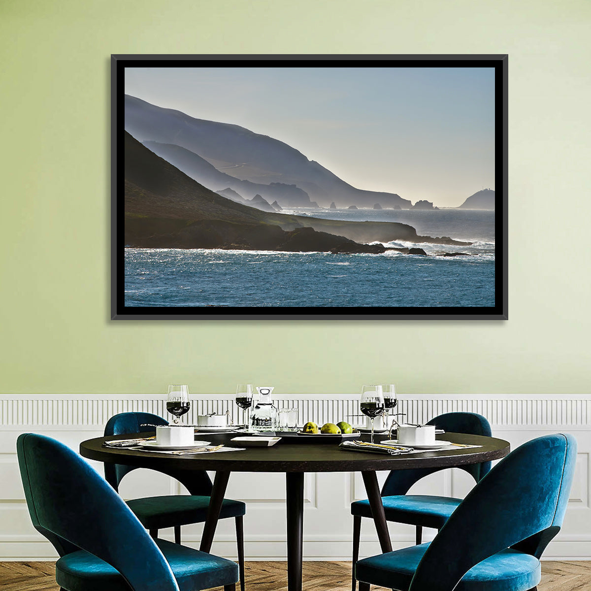 Misty Big Sur Coastline Wall Art in a room, landscape
