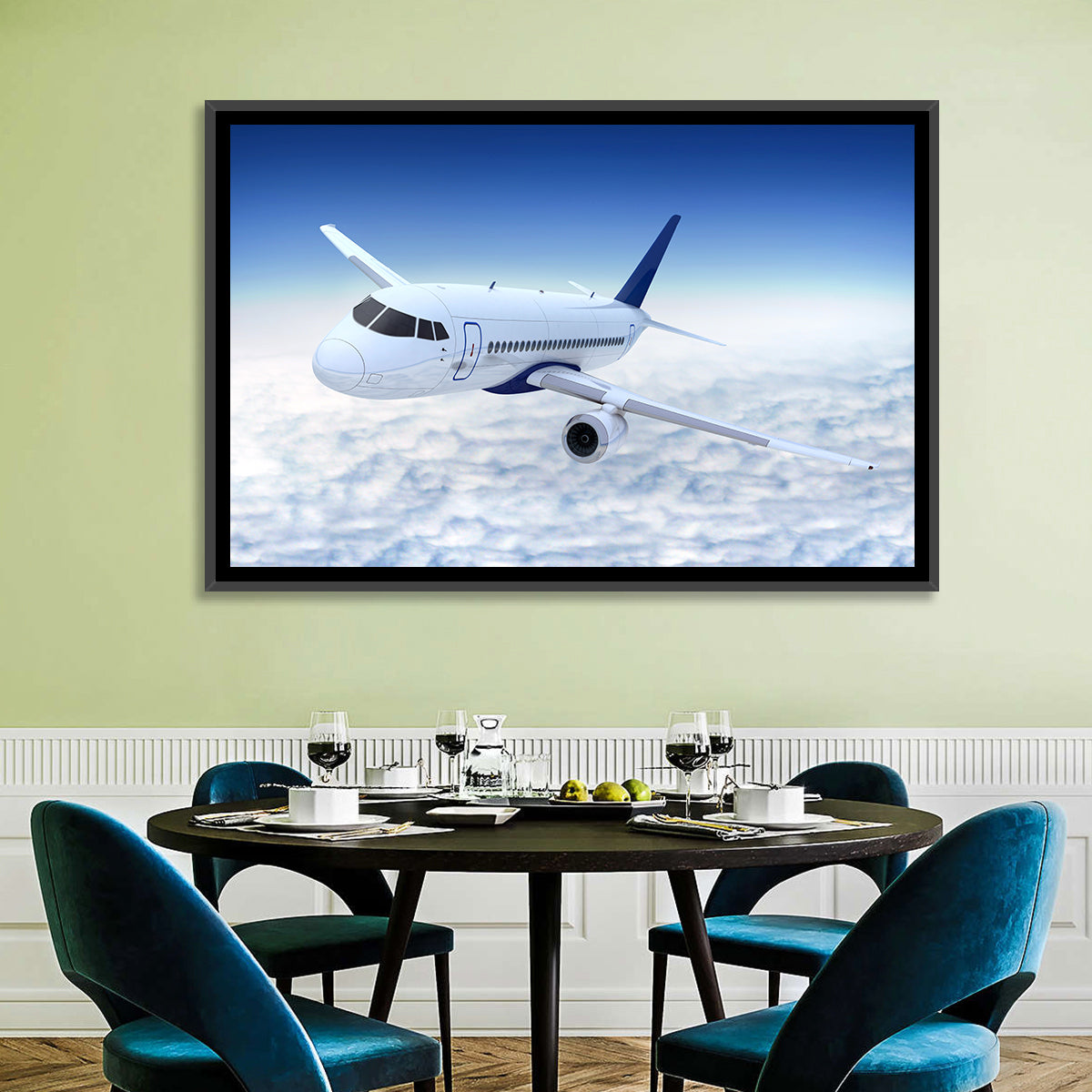 Commercial Jet Above Clouds Wall Art in a room, landscape