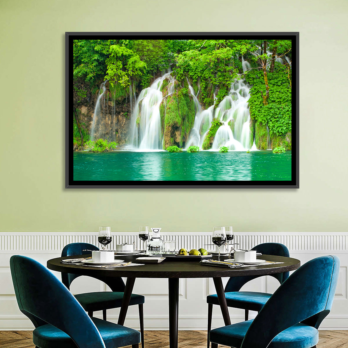Plitvice Lakes Cascades Wall Art in a room, landscape