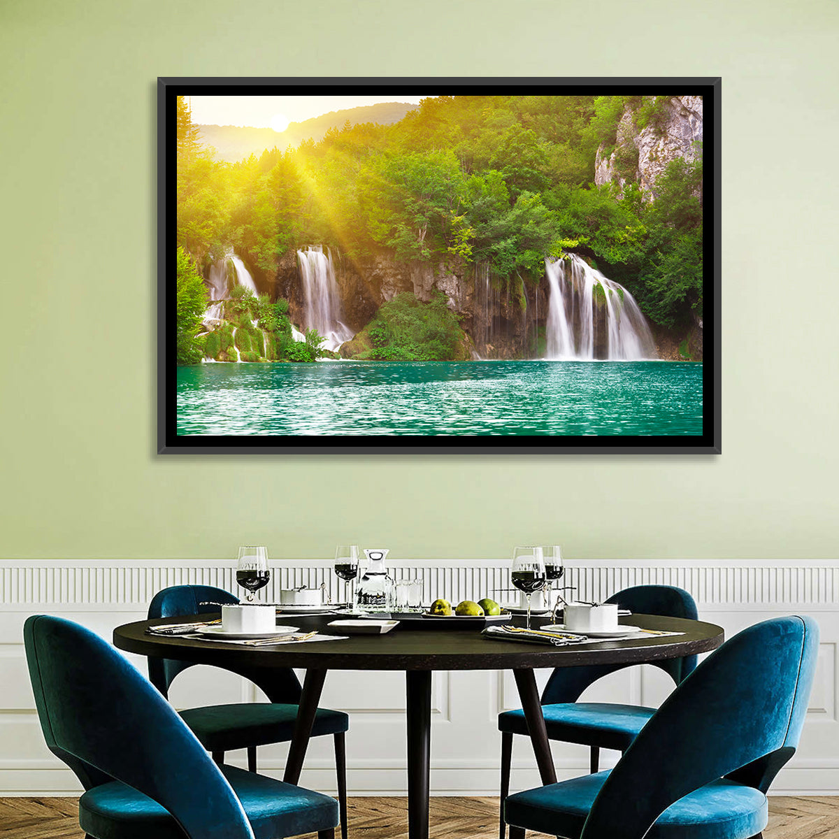 Plitvice Cascades at Sunrise Wall Art in a room, landscape