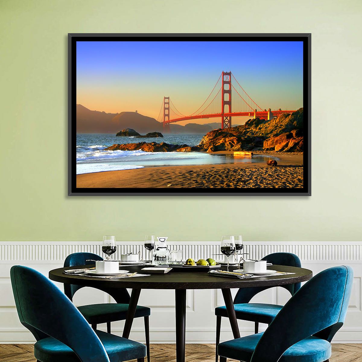 Golden Hour at the Golden Gate Bridge Wall Art in a room, landscape