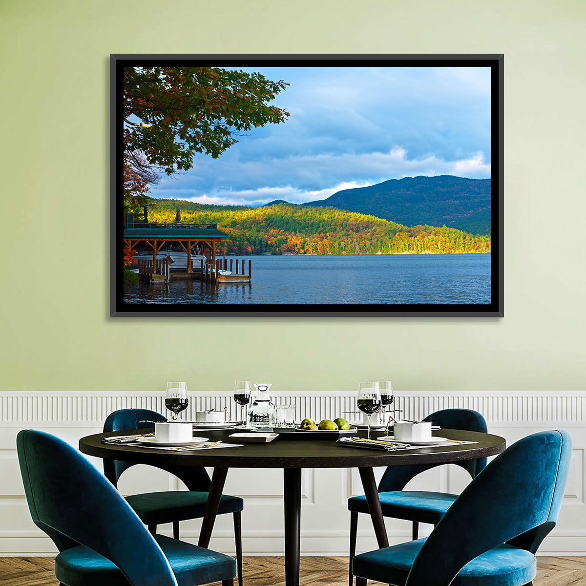 Lake George Boathouse in Autumn Wall Art in a room, landscape