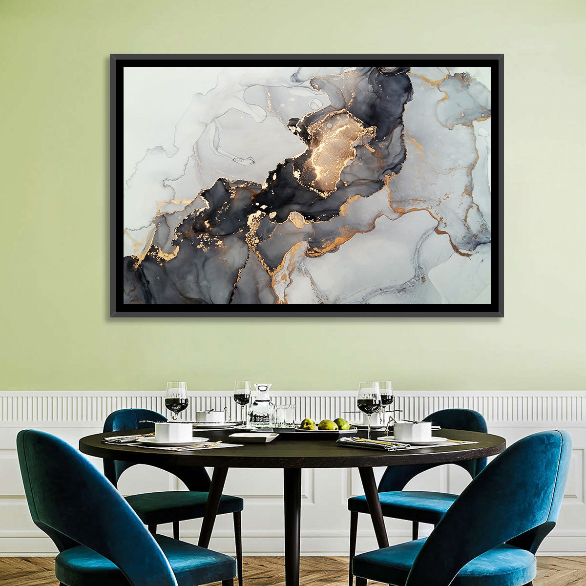 Black Fire Marble Abstract Wall Art in a room, landscape