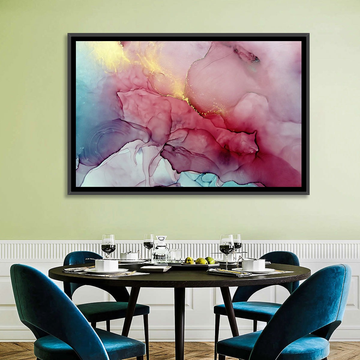 Pink and Gold Fluid Abstract Wall Art in a room, landscape