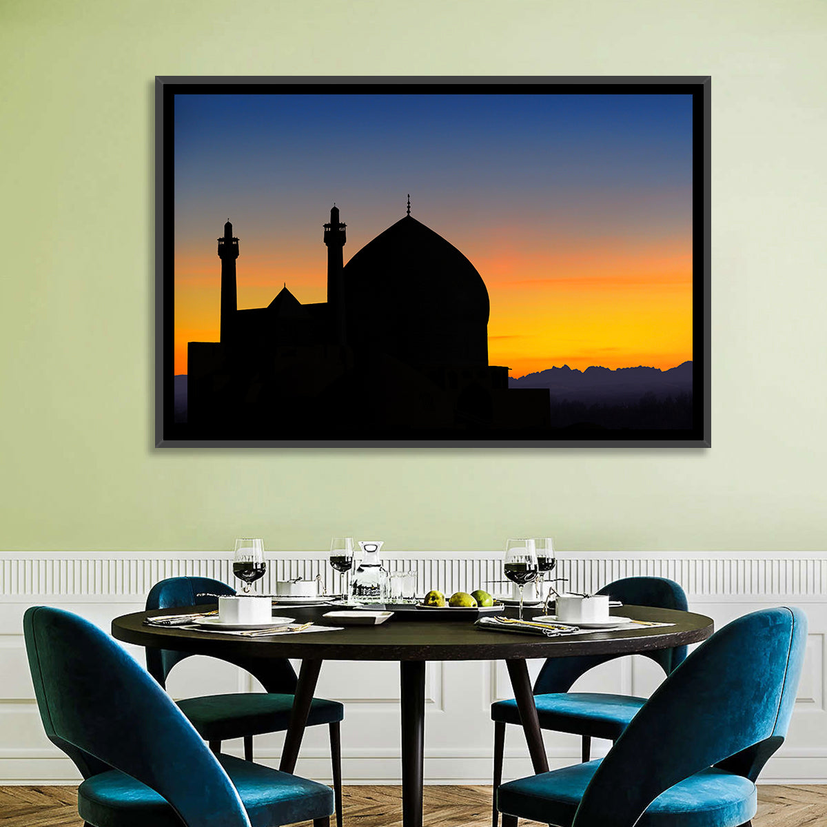 Isfahan Mosque Silhouette at Dusk Wall Art in a room, landscape