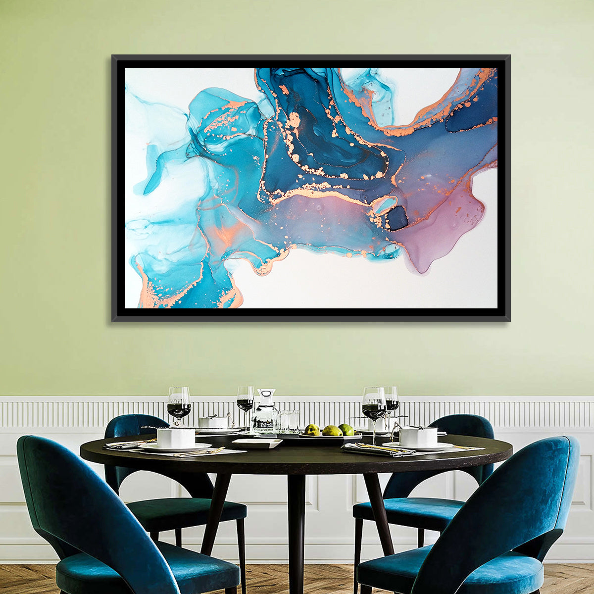 Fluid Ink with Metallic Gold Accents Wall Art in a room, landscape