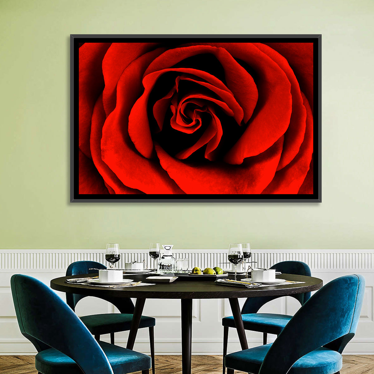 Velvety Red Rose Close-up Wall Art in a room, landscape