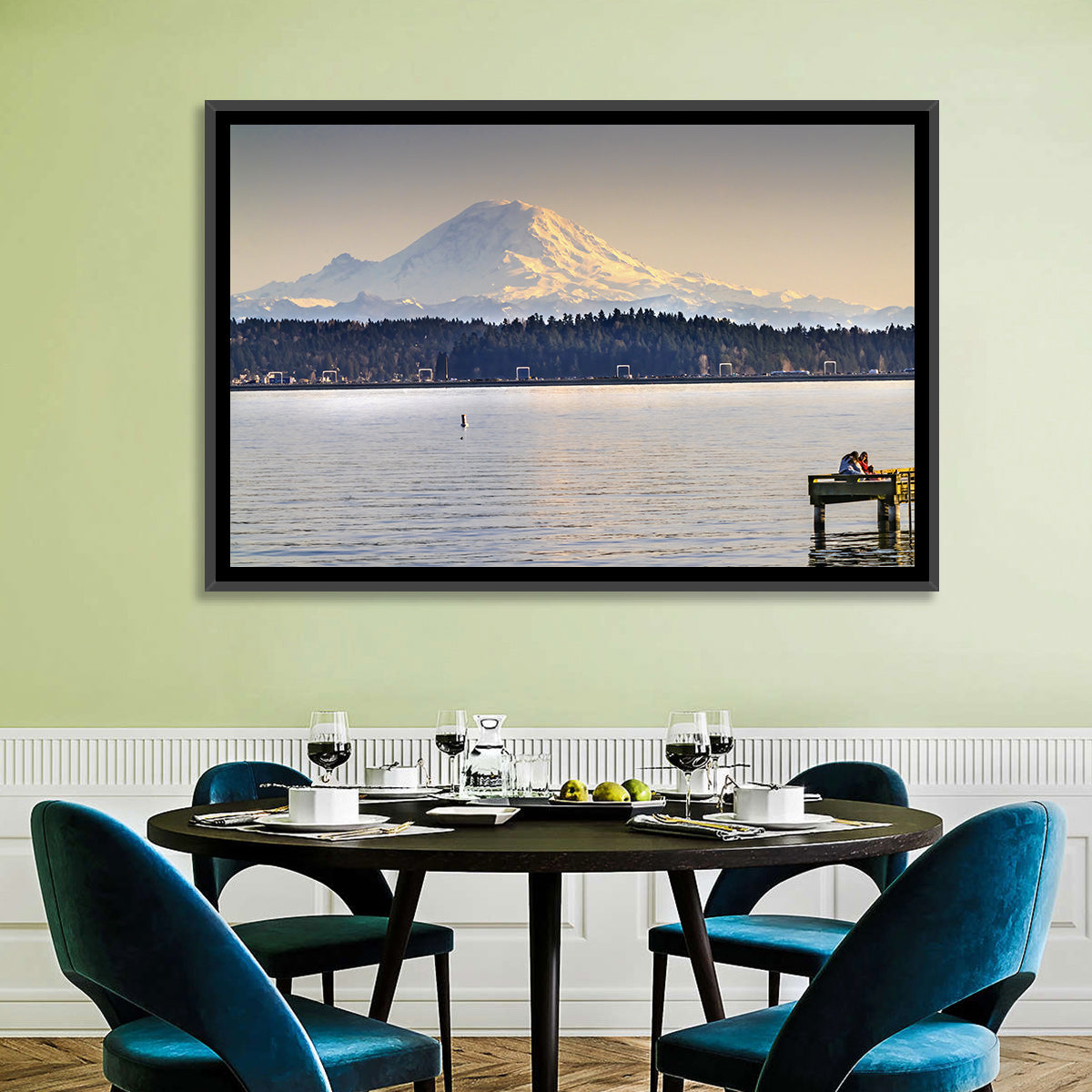 Mount Rainier Over Lake Washington Wall Art in a room, landscape