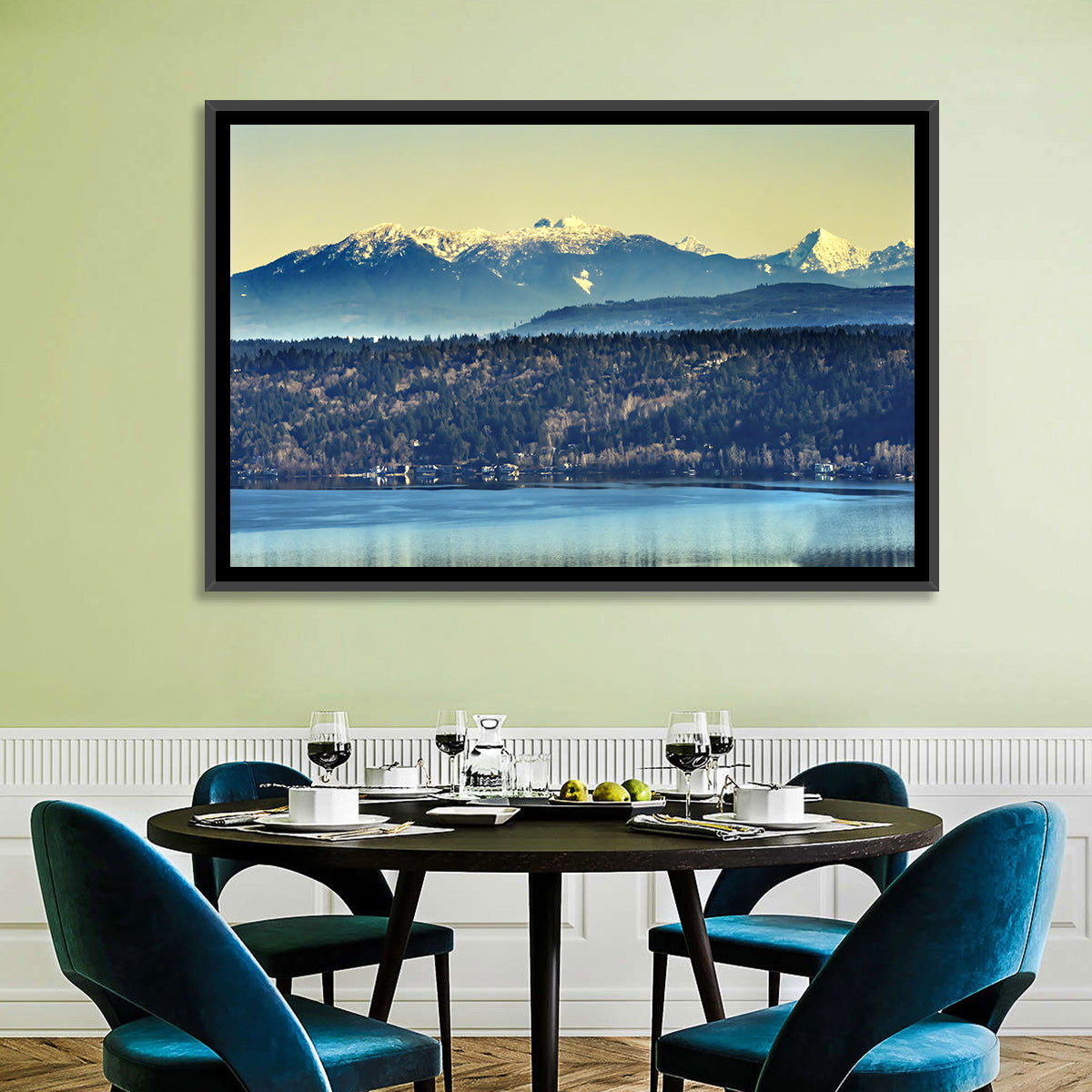 Lake Sammamish Reflection Wall Art in a room, landscape