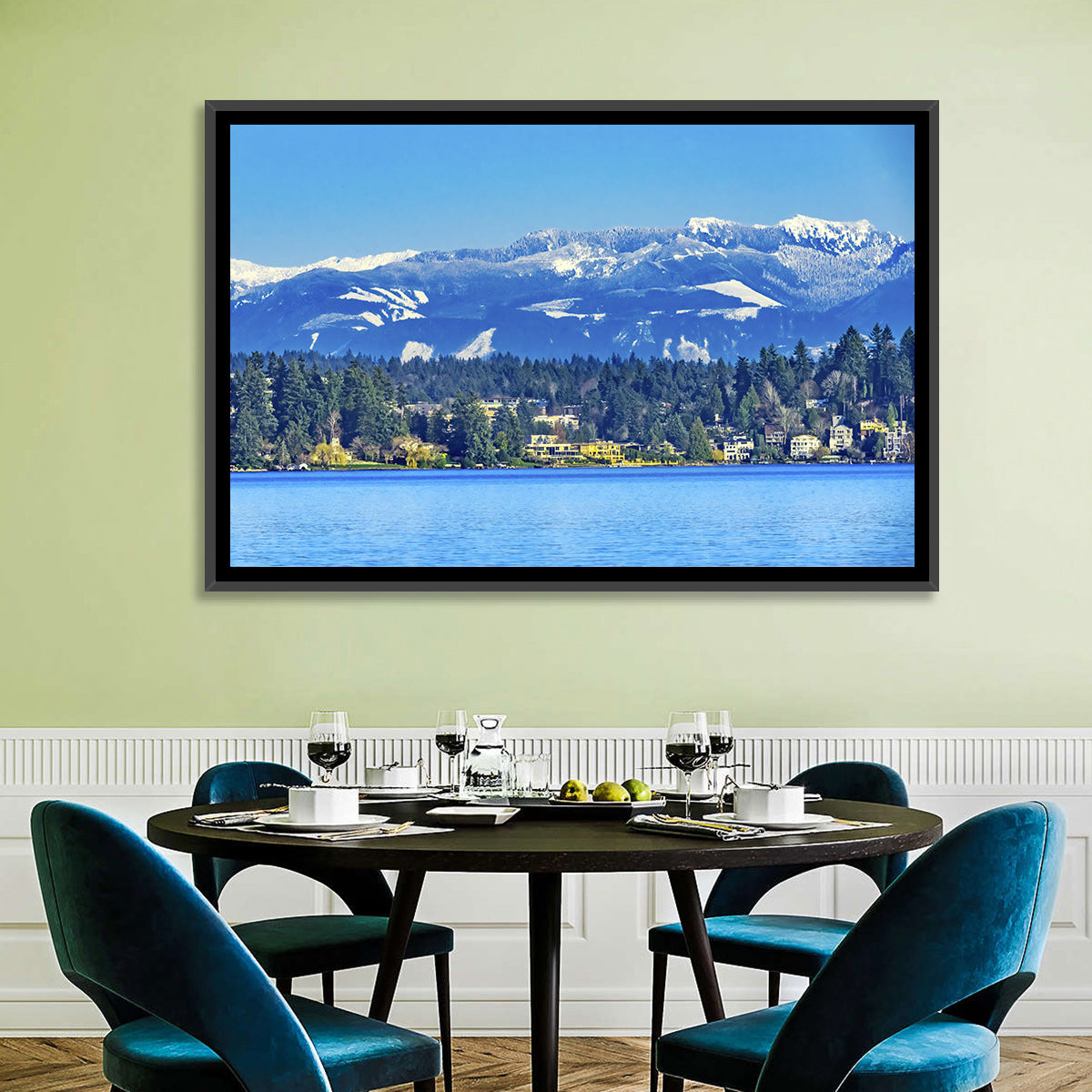 Lake Washington Snow-capped Peaks Wall Art in a room, landscape