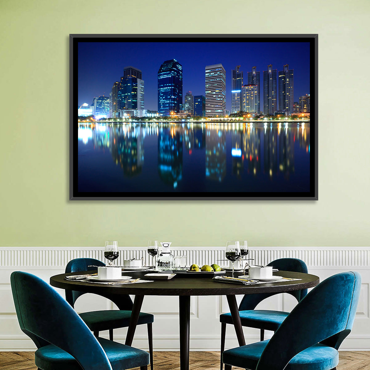 Benjakitti Park Night Skyline Wall Art in a room, landscape