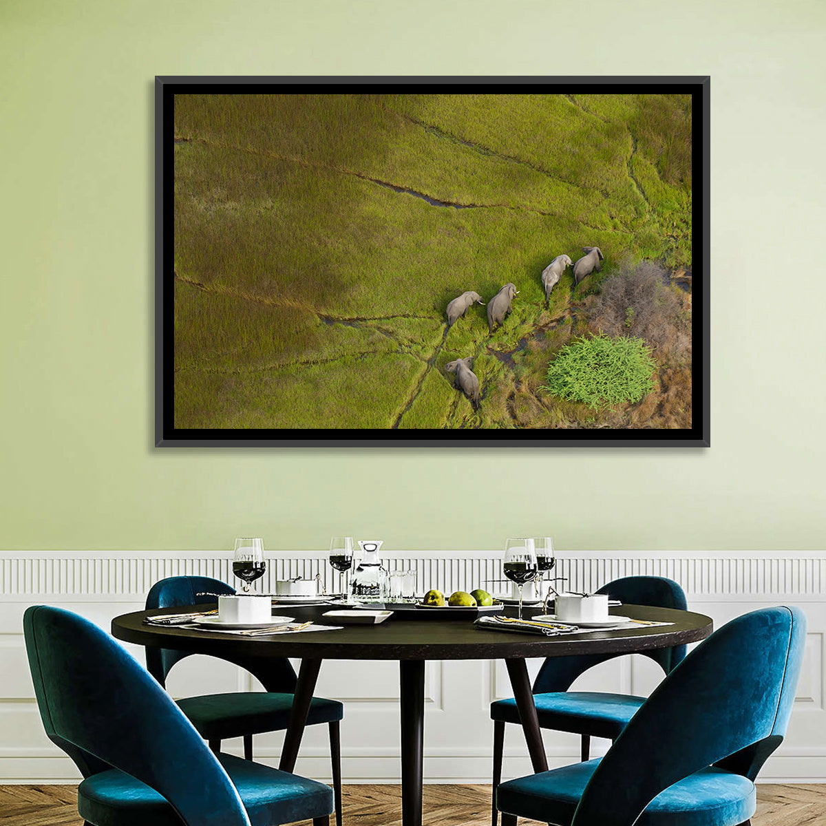 Aerial Herd of Elephants Wall Art in a room, landscape