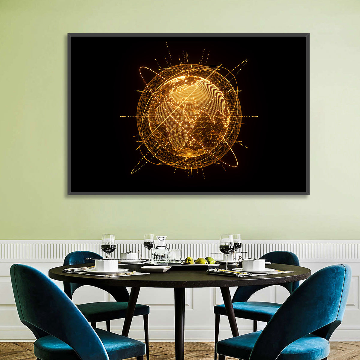 Golden Hologram Globe Wall Art in a room, landscape