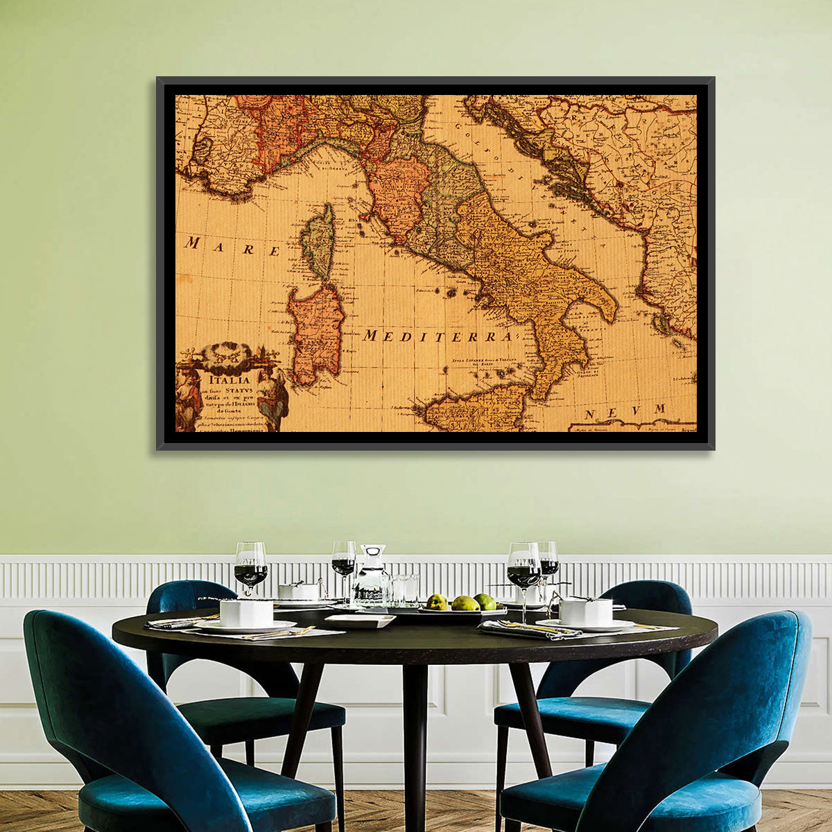 Antique Map of Italy with Ornate Cartouche Wall Art in a room, landscape