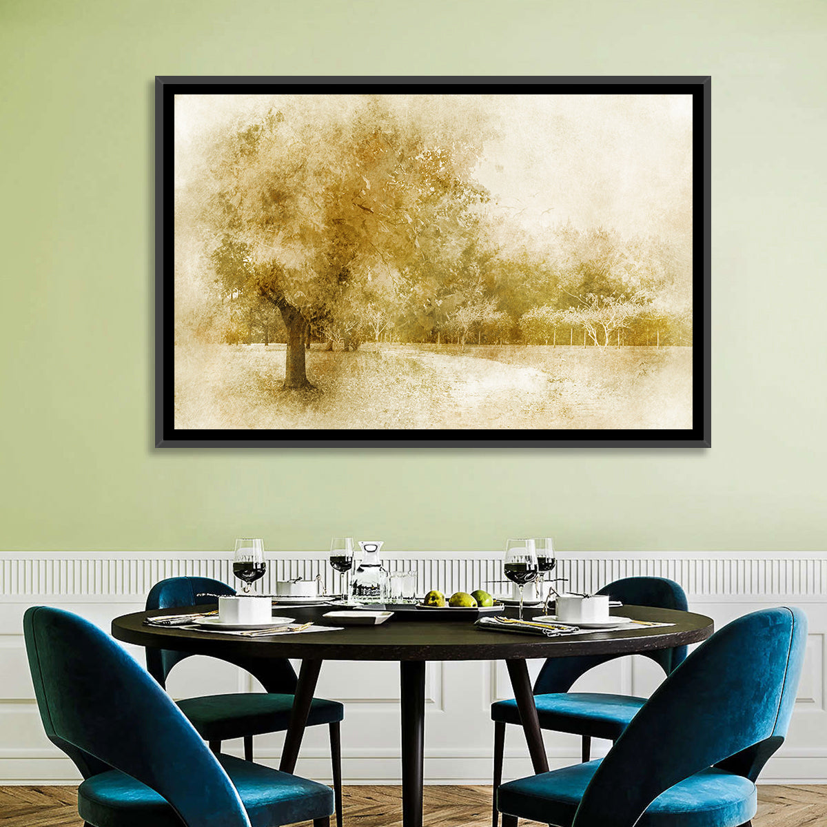 Sepia Orchard Pathway Wall Art in a room, landscape