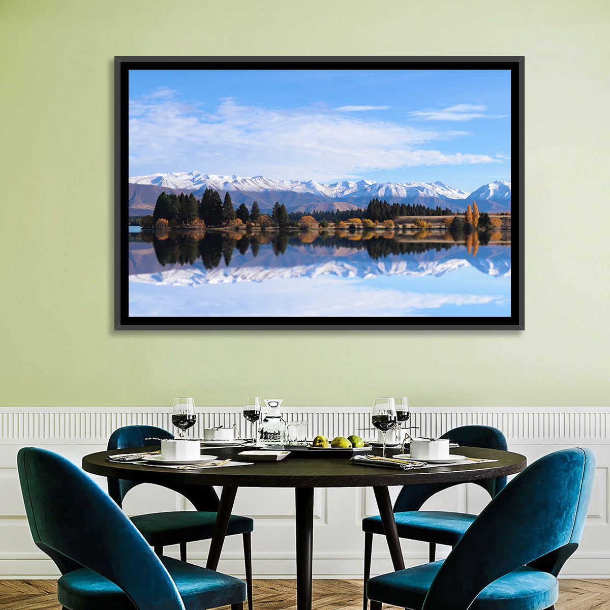 Ruataniwha Lake Reflection Wall Art in a room, landscape