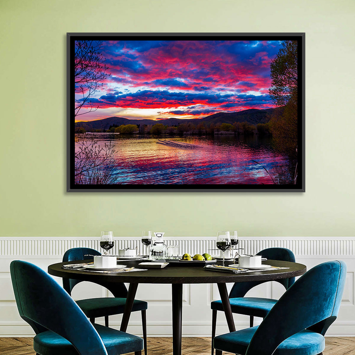 Lake Wairepo Arm Sunrise Reflection Wall Art in a room, landscape