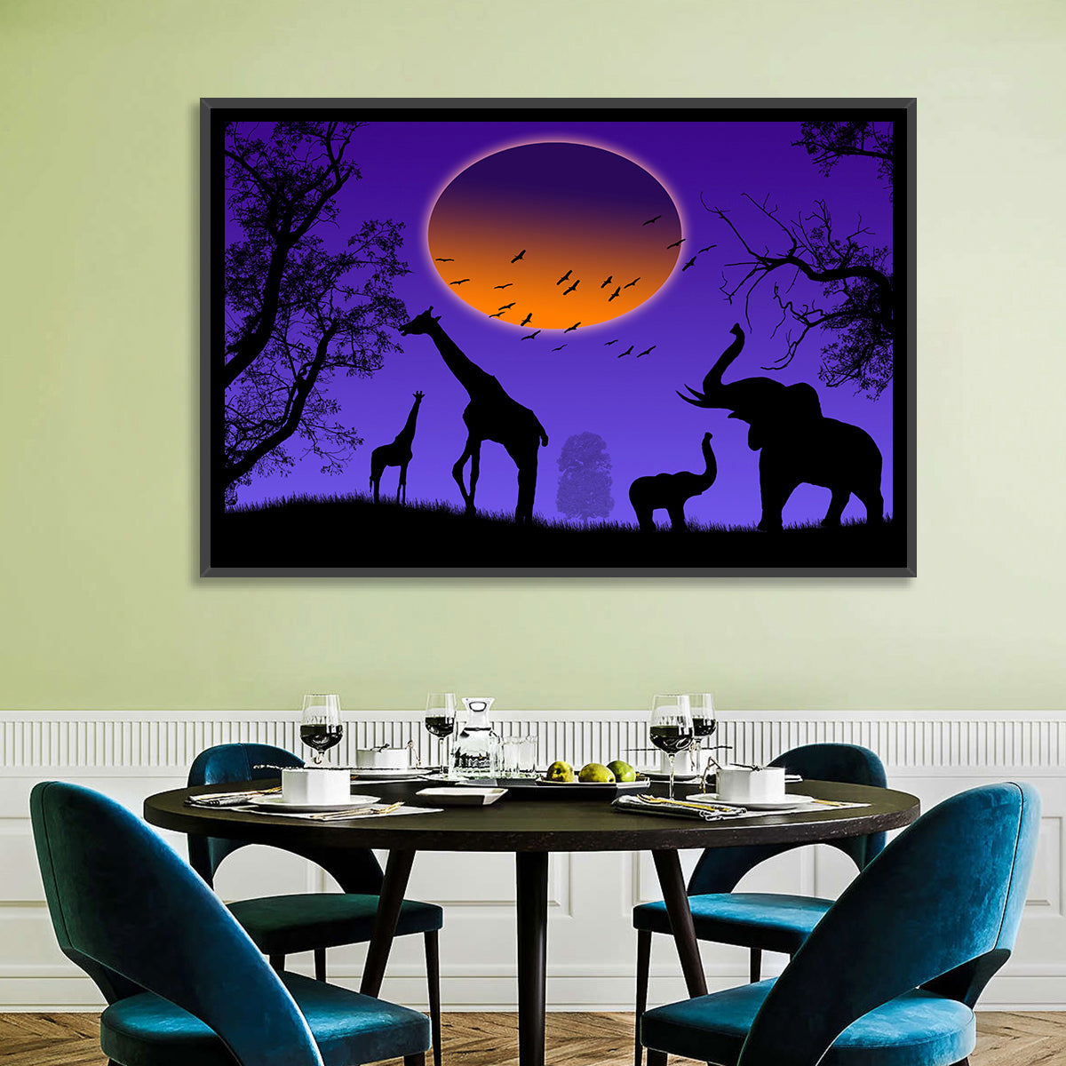 Sunset Savannah Silhouette Wall Art in a room, landscape