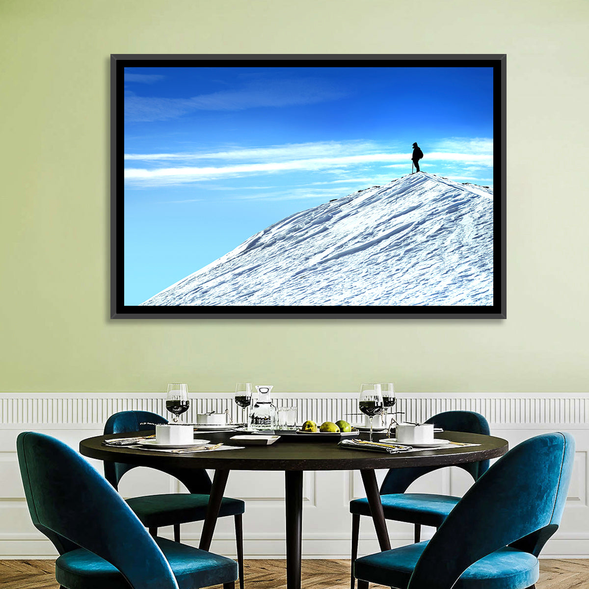 Mountaineer Summit Silhouette Wall Art in a room, landscape