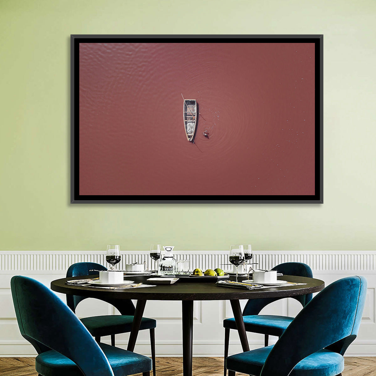 Lake Retba Aerial with Boat Wall Art in a room, landscape